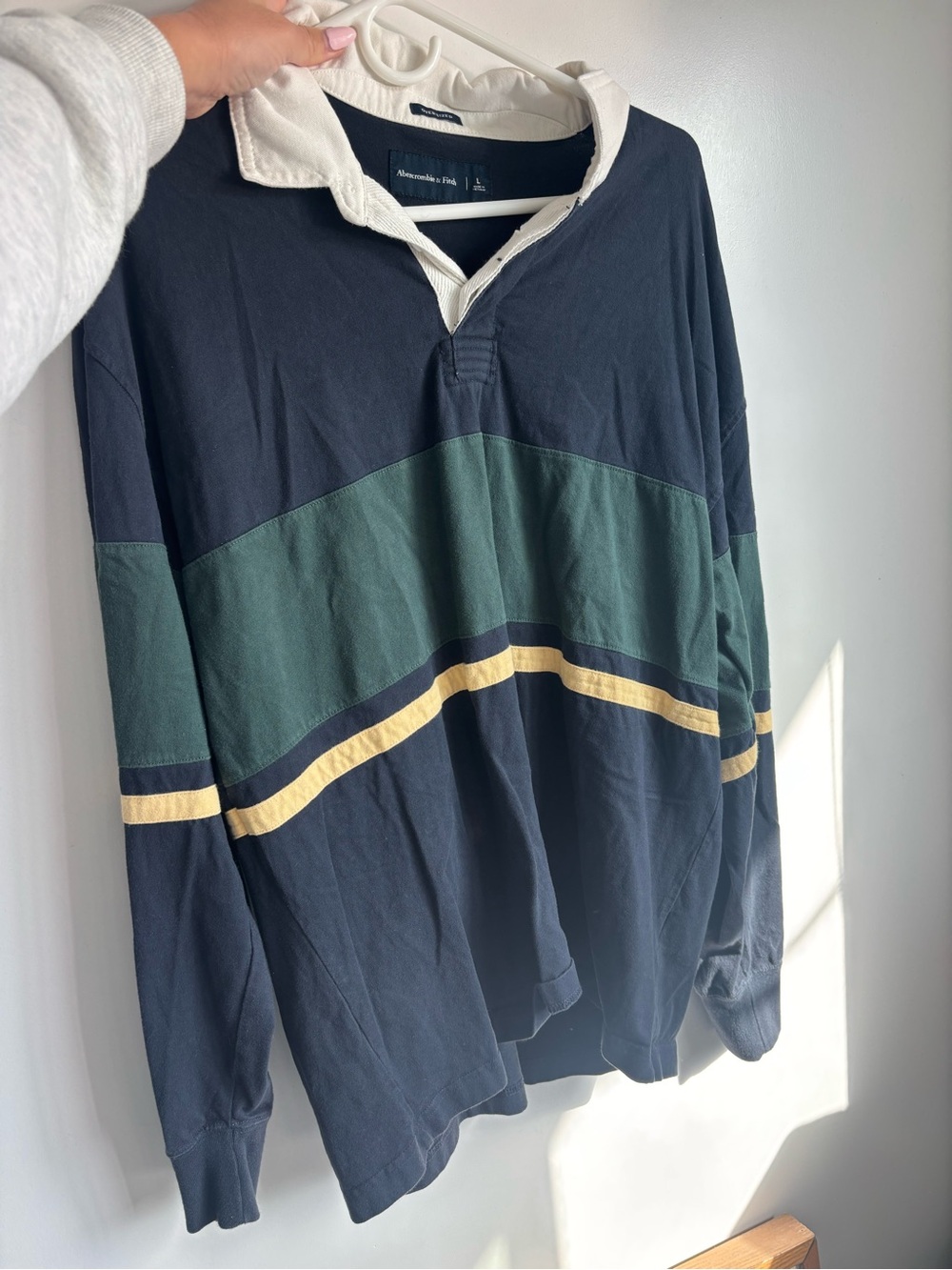 Abercrombie & Fitch Navy Rugby Pullover with Green and Yellow Stripes